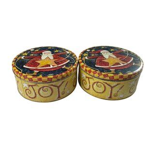 Lot 2 Christmas Cookie Tin 7.75" Yellow Joy Vintage Motif Round Large u